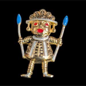 vintage spanish gold tone inca aztec sun god warrior brooch mid century pin